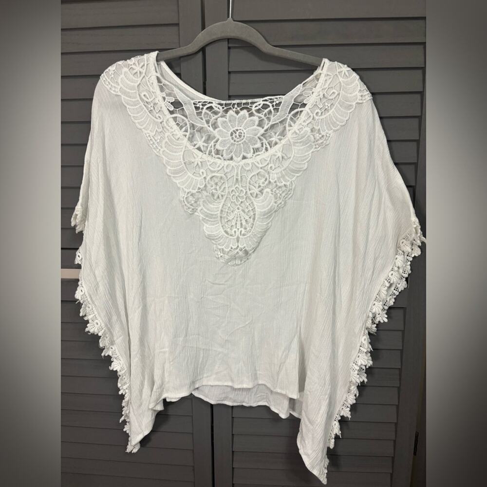 HALO White Boho Lace Gauze Top Size L Crochet Trim Festival Beach Blouse